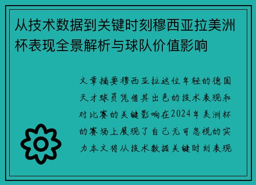 从技术数据到关键时刻穆西亚拉美洲杯表现全景解析与球队价值影响