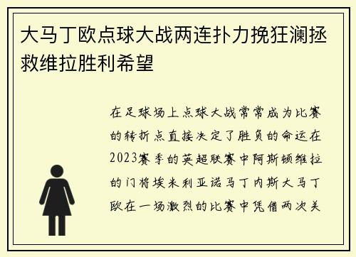 大马丁欧点球大战两连扑力挽狂澜拯救维拉胜利希望